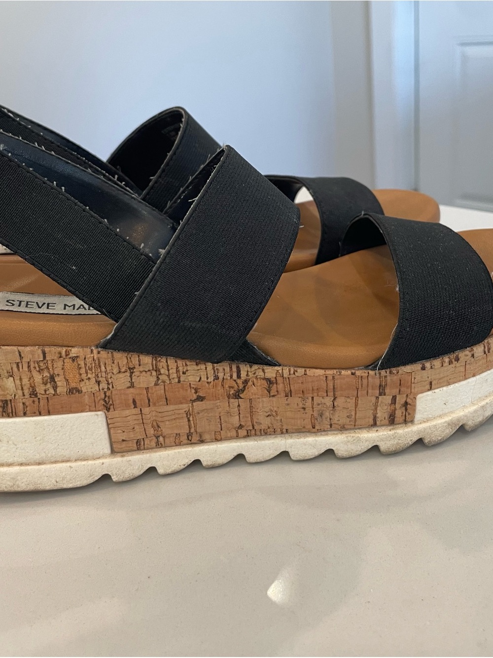 Steve Madden Black Cork Platform Sandals with White Outsole